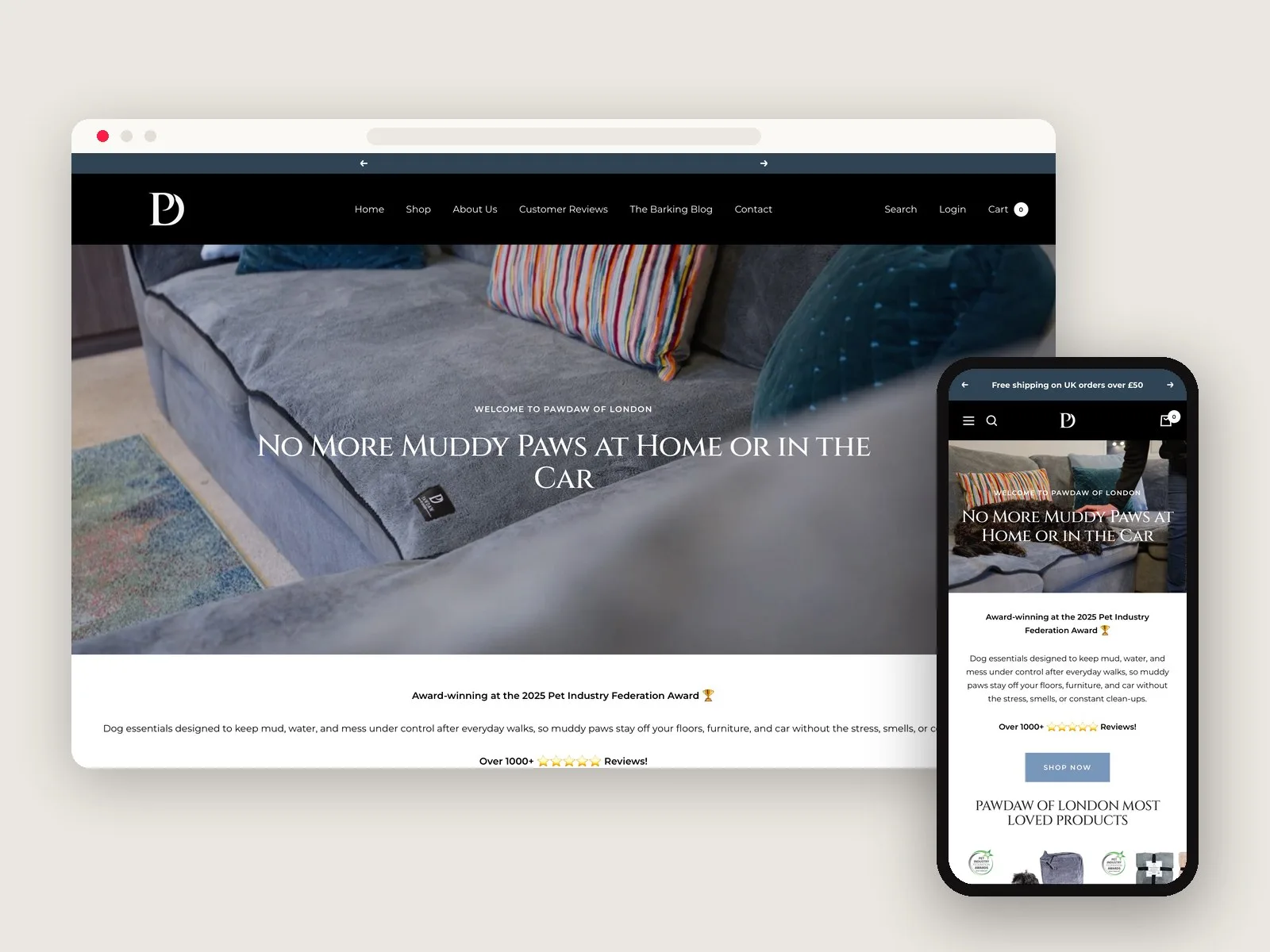 Pawdaw of London website on desktop and phone